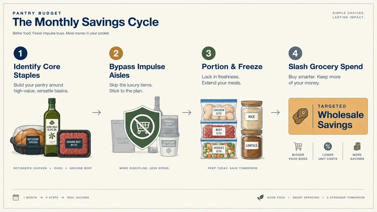 A four-step infographic showing steps to identify core staples, bypass impulse aisles, portion and freeze, and save money.