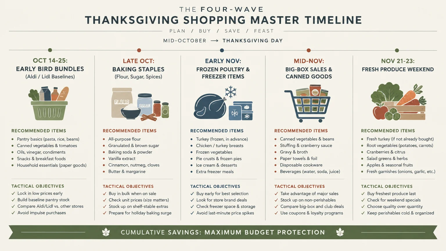 Infographic timeline detailing a Thanksgiving shopping schedule across five phases, listing recommended items and tactics.