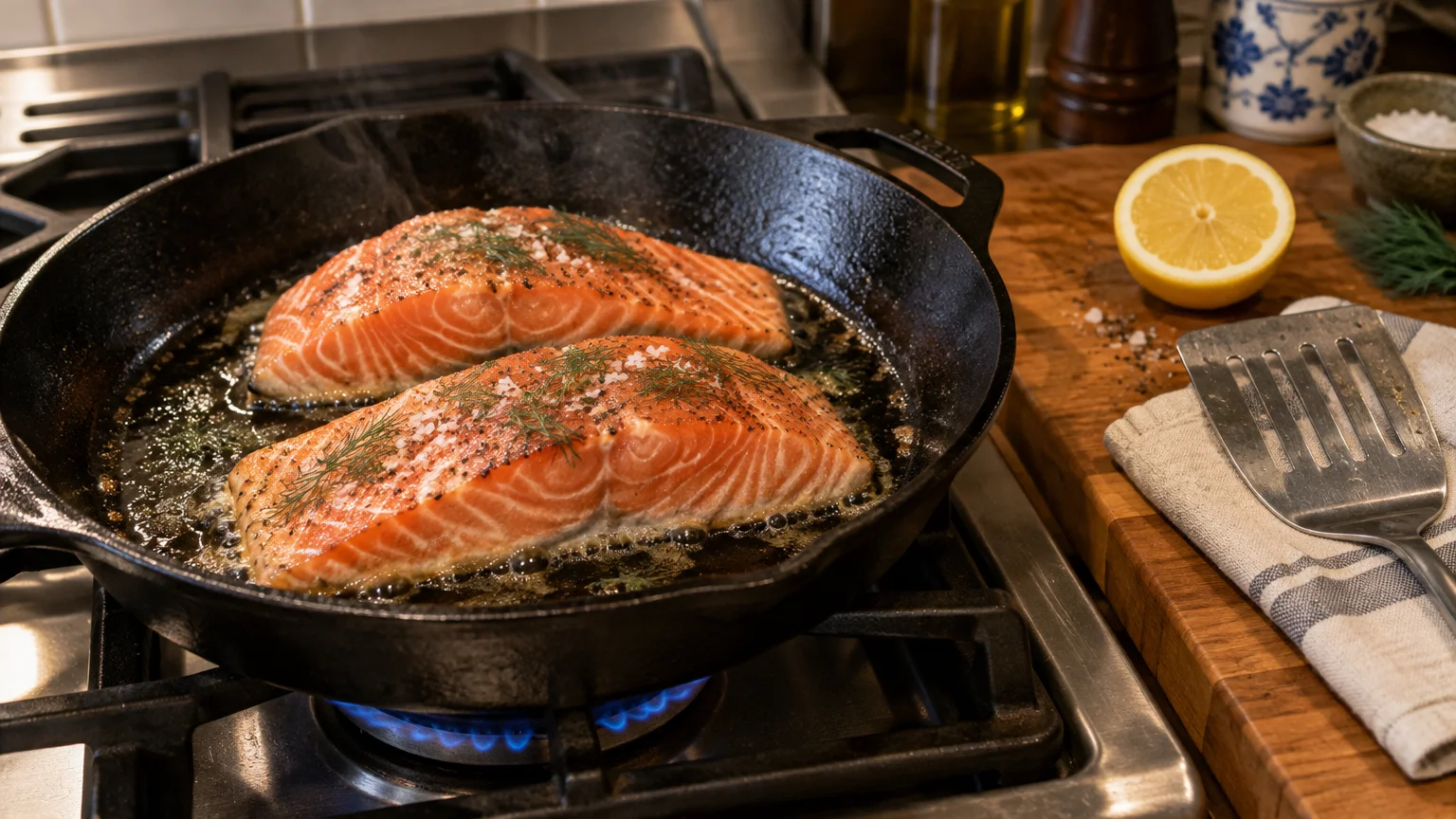 Two seasoned salmon fillets searing skin-side down in a cast-iron skillet on a gas stovetop beside a lemon half.