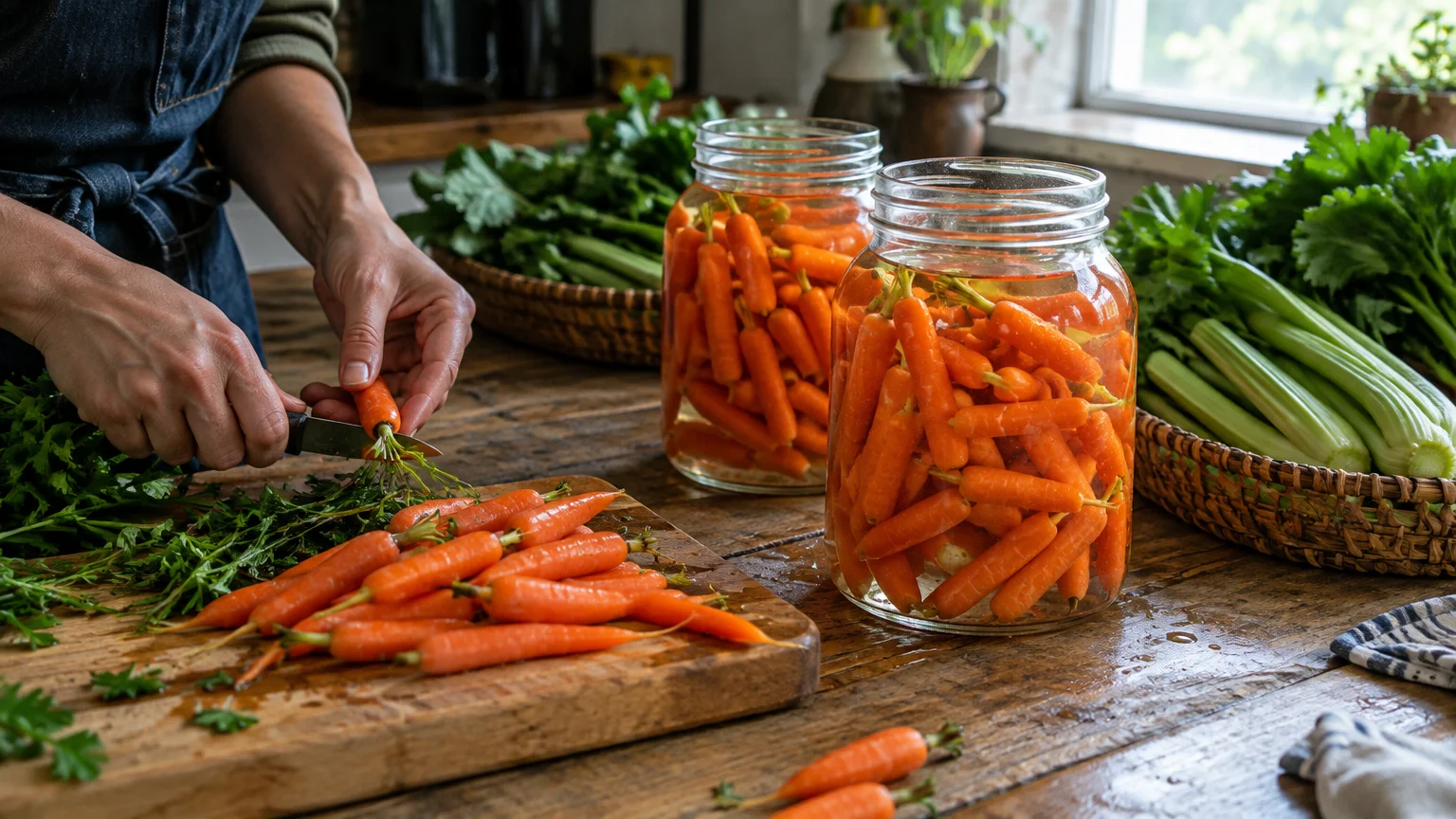 Person trimming carrots on a cutting board next to two large glass jars filled with baby carrots in water.