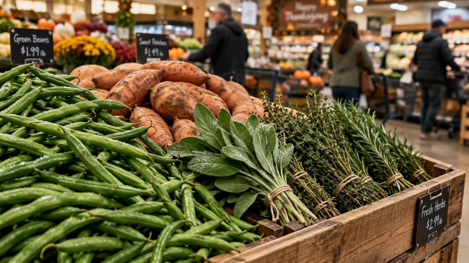 Green beans, sweet potatoes, and tied bundles of fresh herbs displayed in wooden crates at a grocery store produce section.