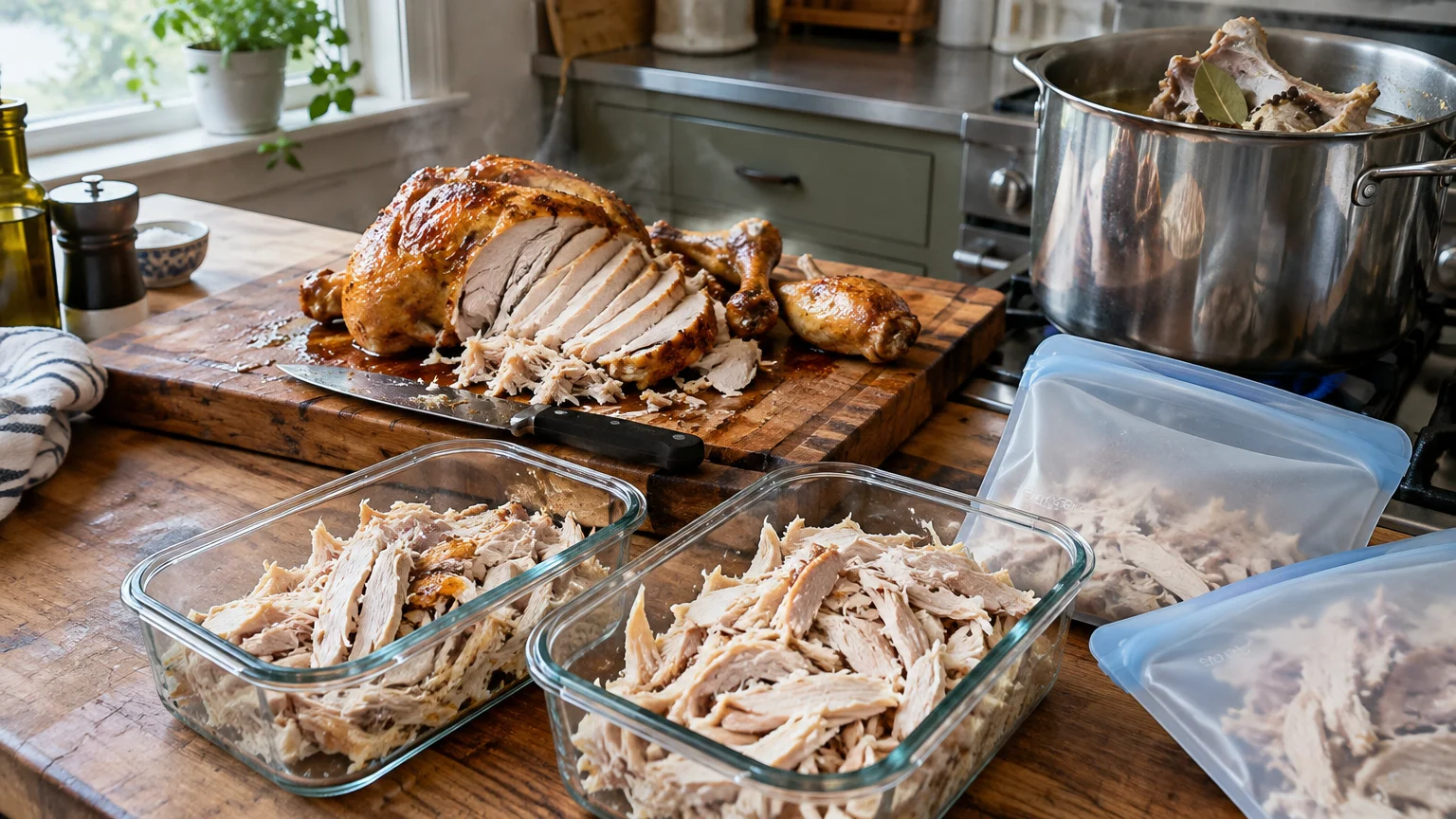 Carved roast chicken on a cutting board next to shredded meat in glass containers, plastic bags, and a simmering stock pot.