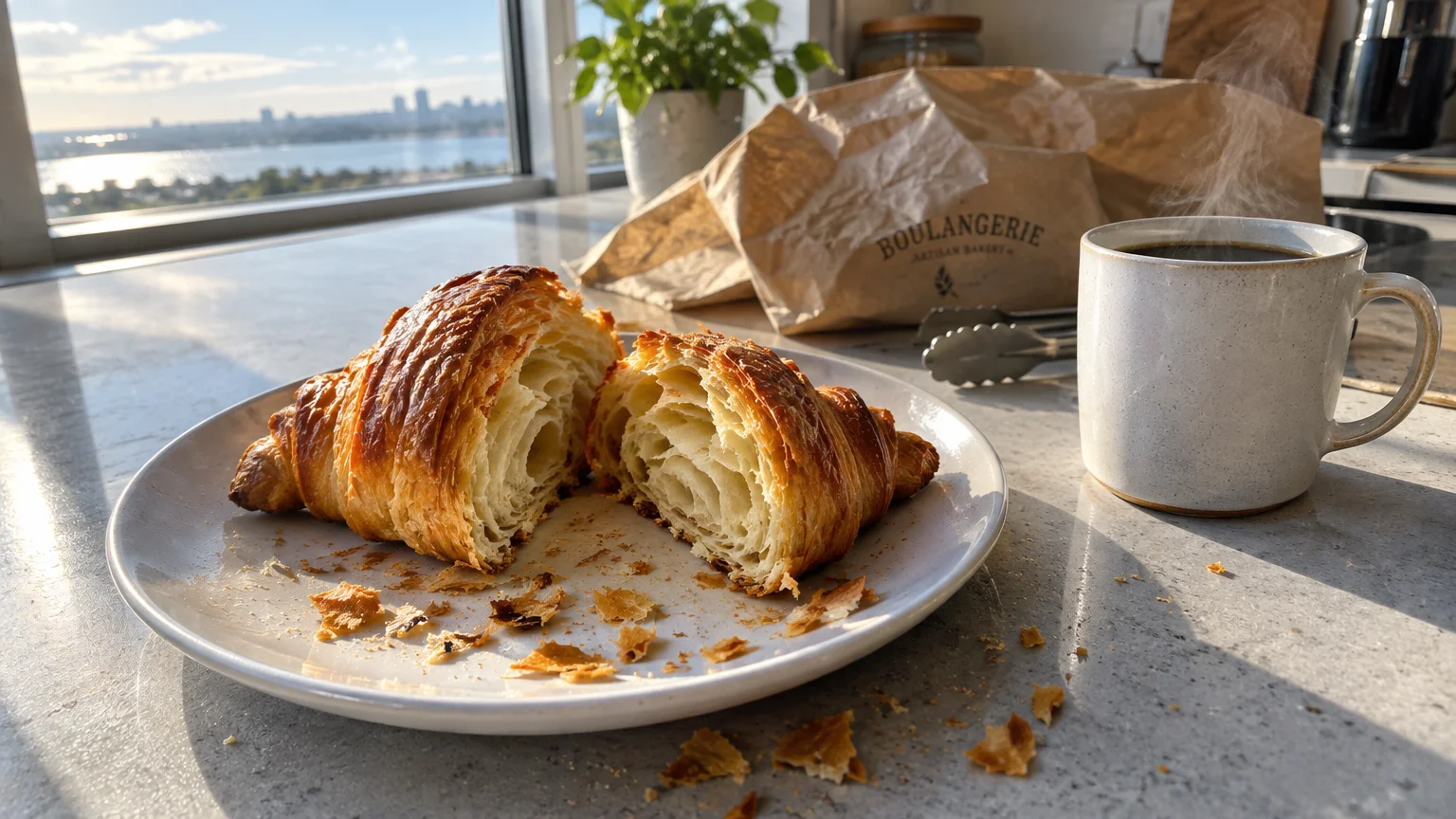 A flaky croissant cut in half on a plate with crumbs, next to a steaming mug of coffee by a bright window.