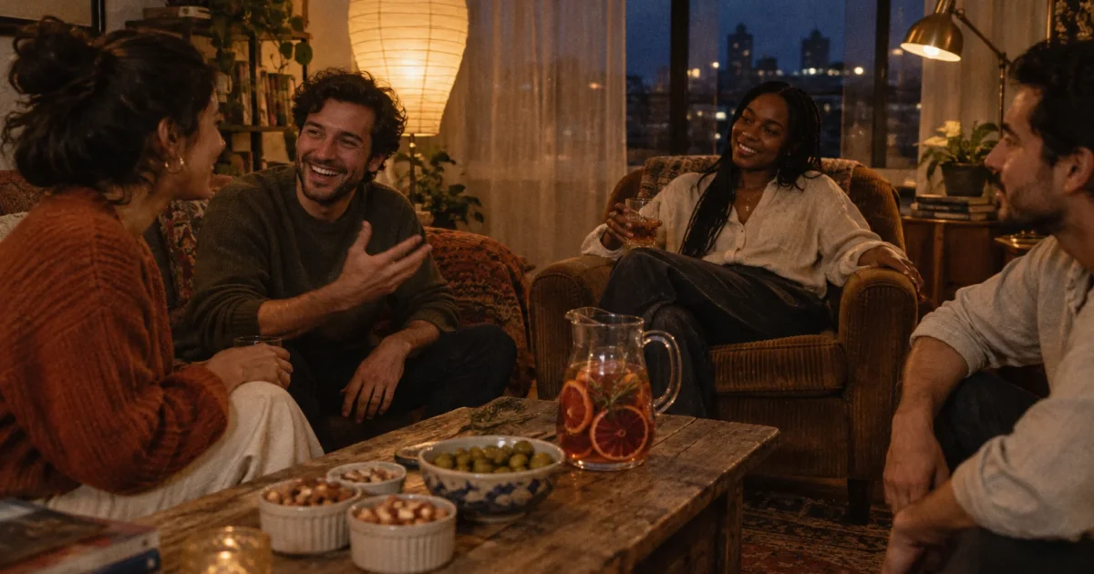 Four friends laughing in a cozy living room around a coffee table set with drinks, snacks, and a lit candle.
