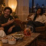 Four friends laughing in a cozy living room around a coffee table set with drinks, snacks, and a lit candle.
