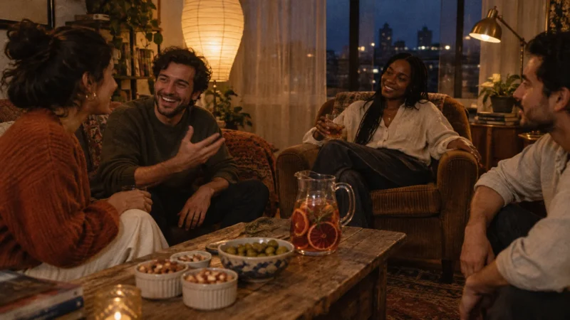 Four friends laughing in a cozy living room around a coffee table set with drinks, snacks, and a lit candle.