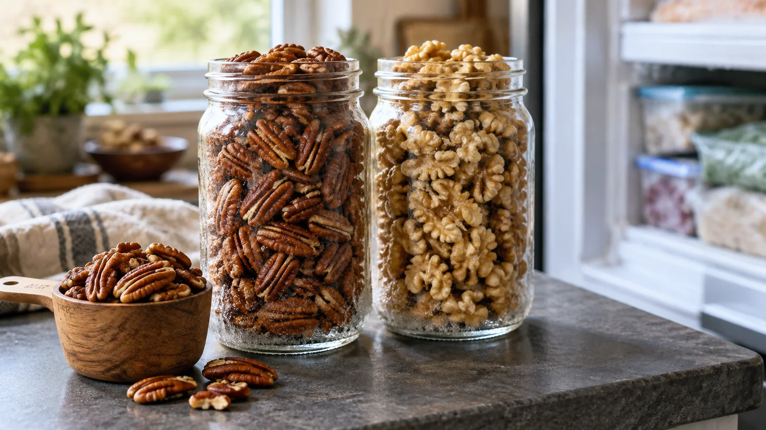 Glass jars filled with pecans and walnuts sit on a kitchen counter near an open freezer.