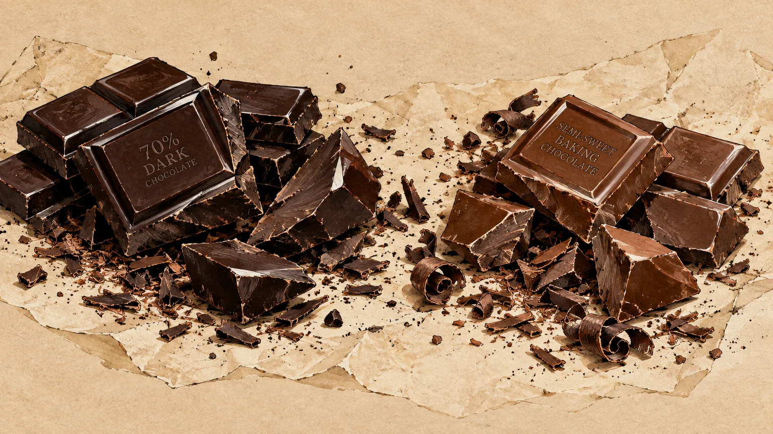 Illustration of broken dark and semi-sweet baking chocolate blocks, chunks, and curls on crumpled brown paper.