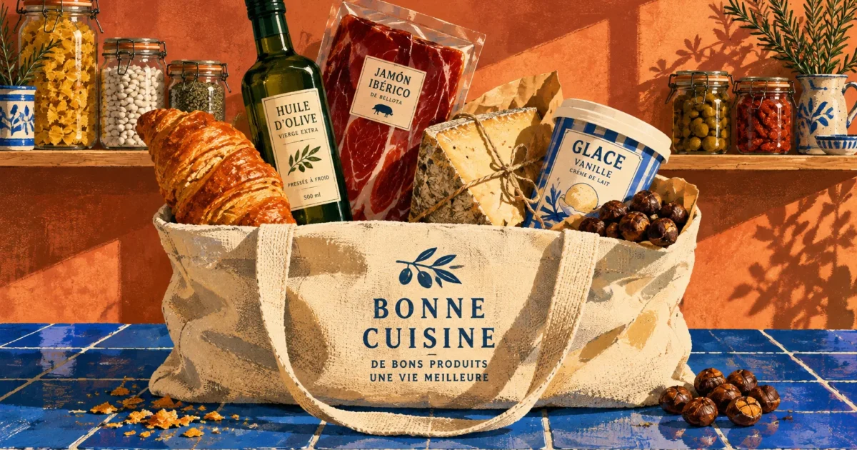 Canvas tote bag filled with olive oil, jamón ibérico, a croissant, cheese, and vanilla ice cream on a blue tiled counter.