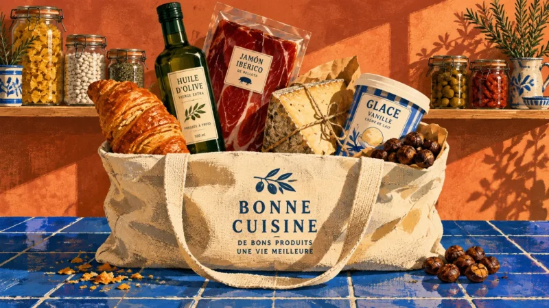 Canvas tote bag filled with olive oil, jamón ibérico, a croissant, cheese, and vanilla ice cream on a blue tiled counter.