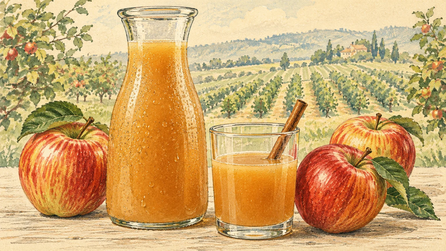 Illustration of a glass carafe and glass of cider with a cinnamon stick, beside red apples against an orchard landscape.