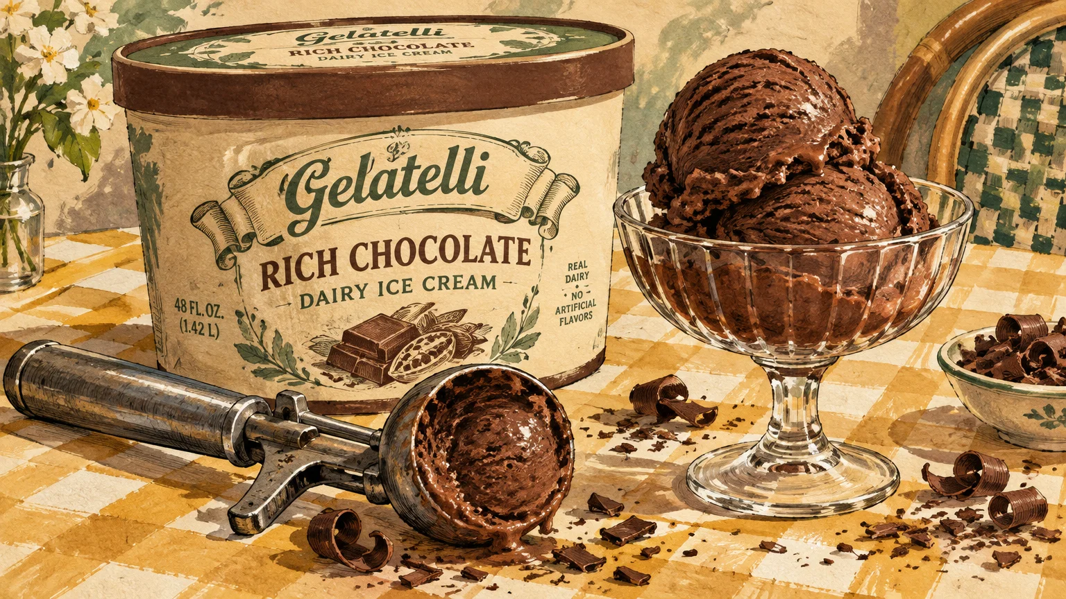 Illustration of a Gelatelli chocolate ice cream tub beside a glass dish of scoops and a metal ice cream scoop.