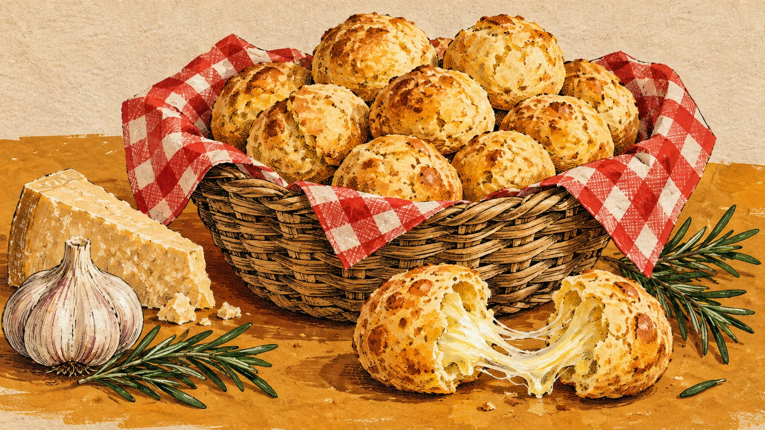 Illustration of golden cheese bread rolls in a basket, with one pulled apart showing melted cheese, beside garlic and cheese.
