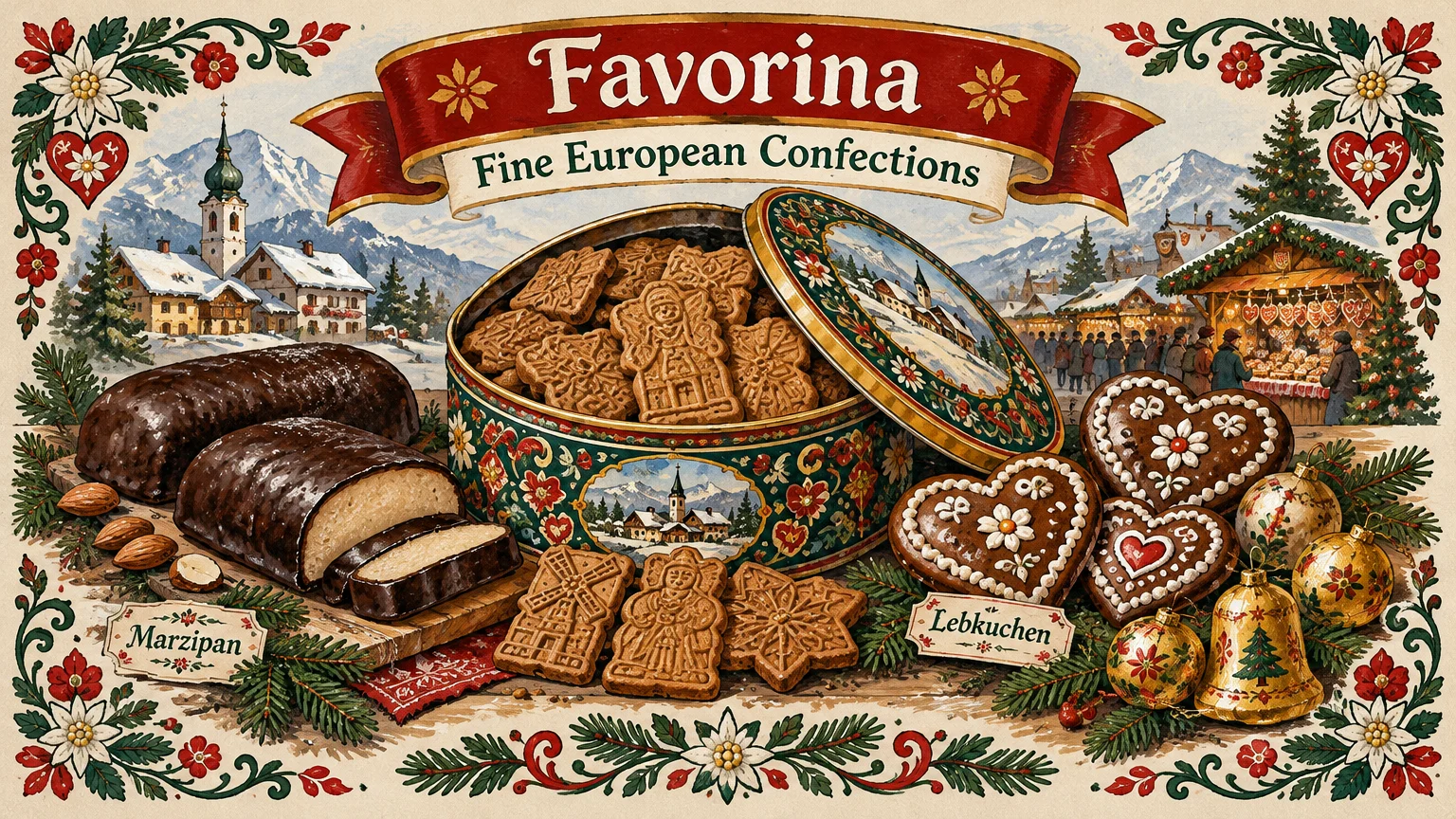 Illustration of Favorina holiday sweets with spiced cookies in an ornate tin, chocolate marzipan, and heart-shaped lebkuchen.