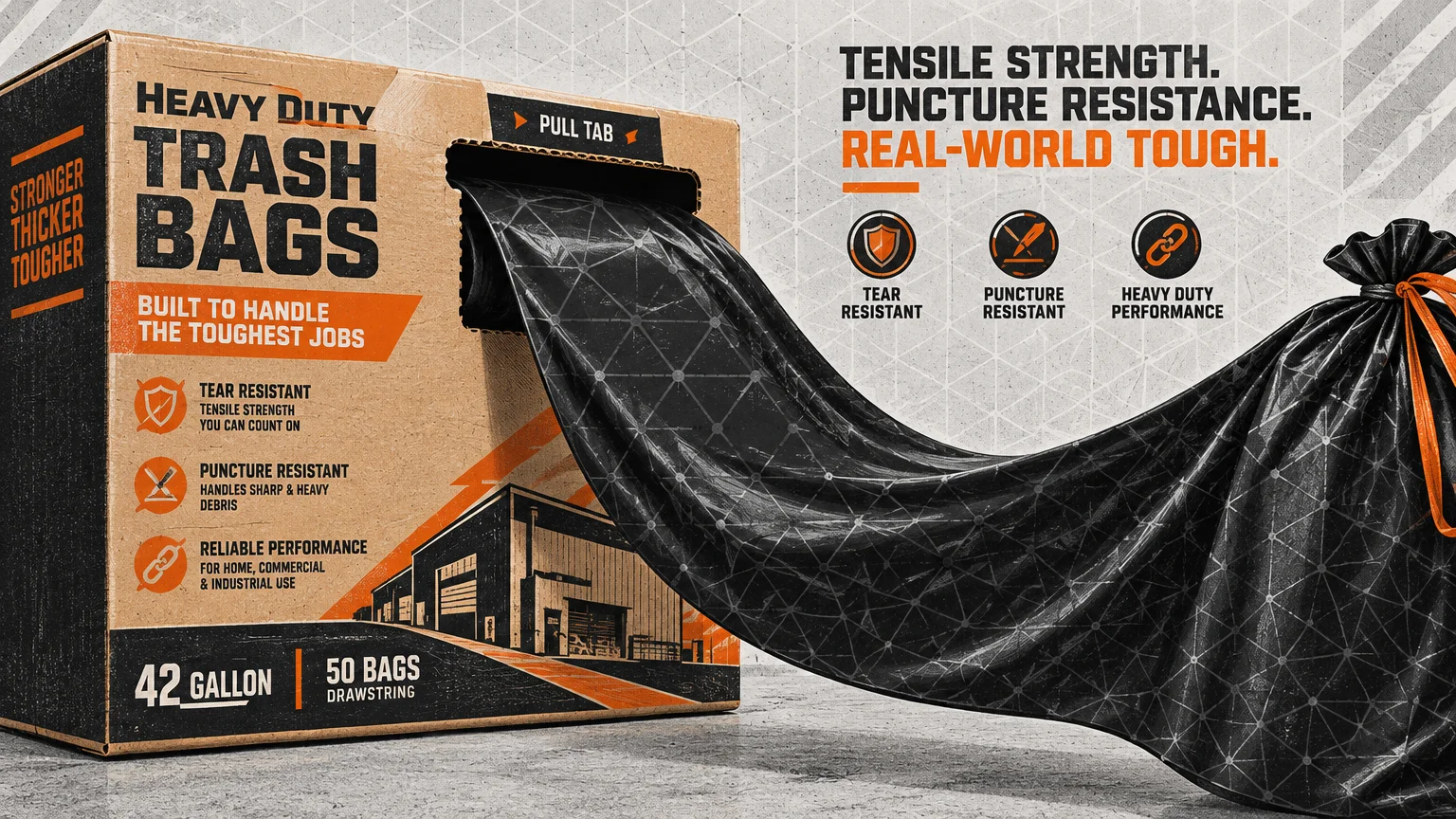Cardboard dispenser box of heavy duty trash bags with a black bag unrolling from the pull tab slot.