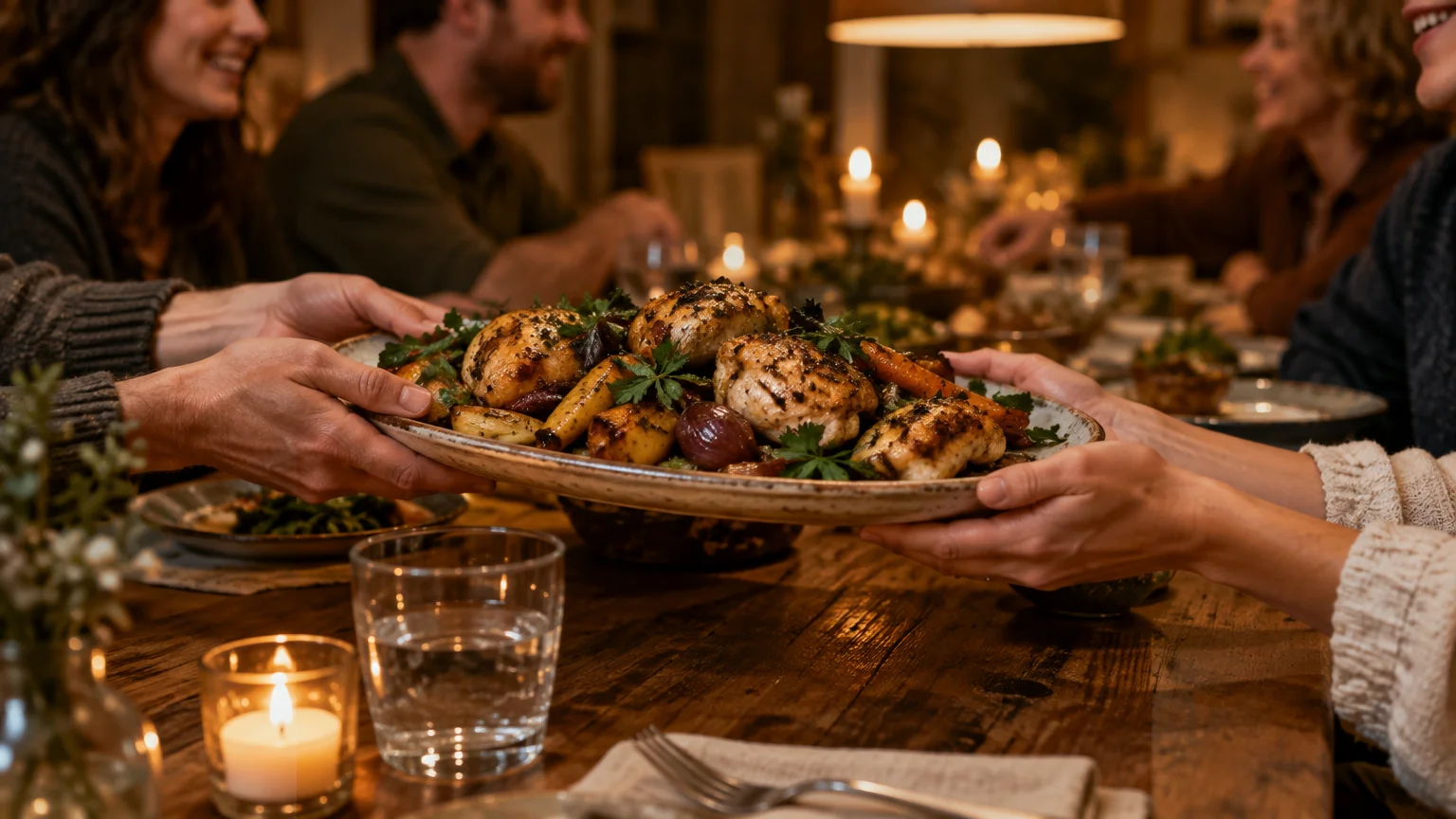 Hands passing a large platter of roasted chicken and vegetables across a candlelit dinner table surrounded by guests.