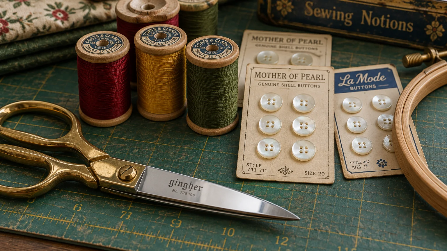 Brass-handled sewing shears, wooden spools of thread, cards of mother of pearl buttons, and an embroidery hoop on a mat.