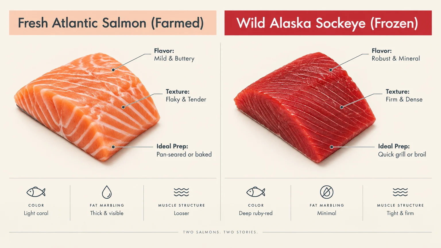 Side-by-side comparison diagram of fresh farmed Atlantic salmon and deep ruby-red wild Alaska sockeye fillets with prep notes.