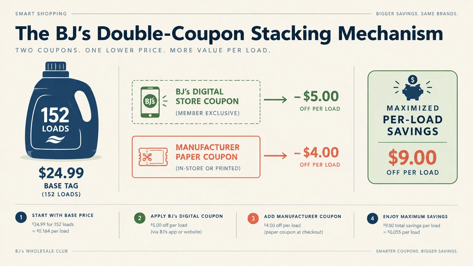 Diagram illustrating BJ's coupon stacking policy on a 152-load detergent jug to maximize savings.