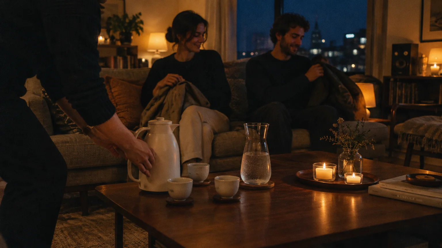 A host sets tea on a coffee table with candles before a couple relaxing on a couch in a dimly lit room.