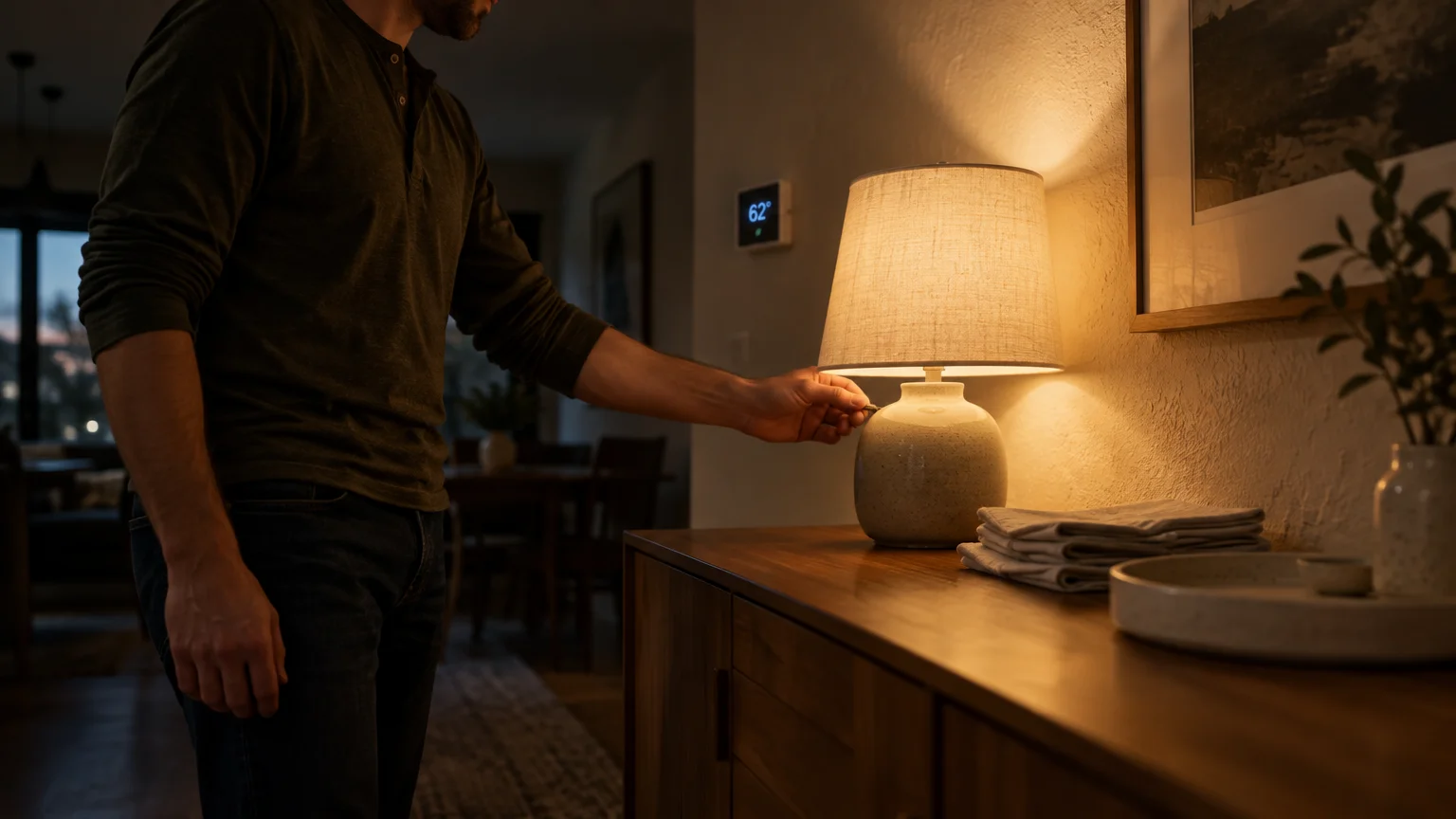 A man adjusts a glowing ceramic table lamp on a wooden sideboard in a dimly lit living room with a digital thermostat.