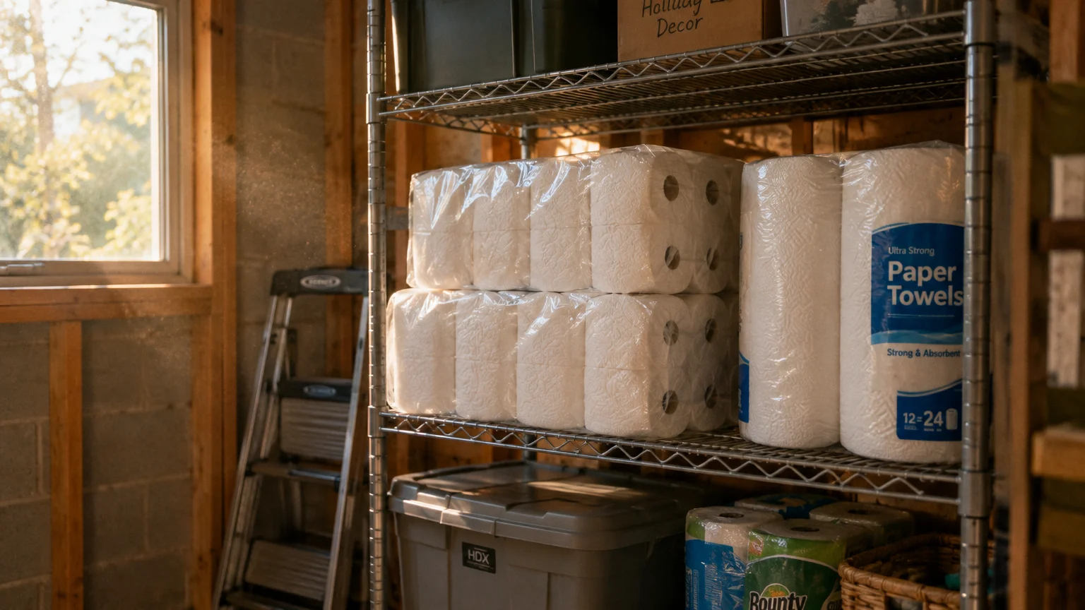 Packs of toilet paper rolls and paper towels stacked on metal wire shelving in a garage or storage shed.