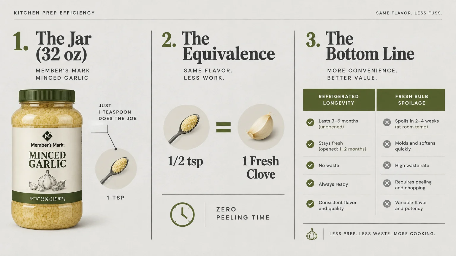 Infographic detailing Member's Mark minced garlic prep efficiency, clove equivalence, and longevity versus fresh garlic.