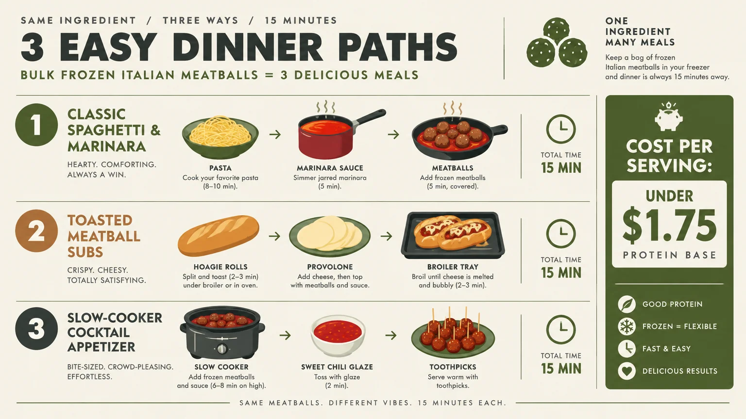 Diagram illustrating three quick 15-minute dinner paths using bulk frozen meatballs: spaghetti, subs, and appetizers.
