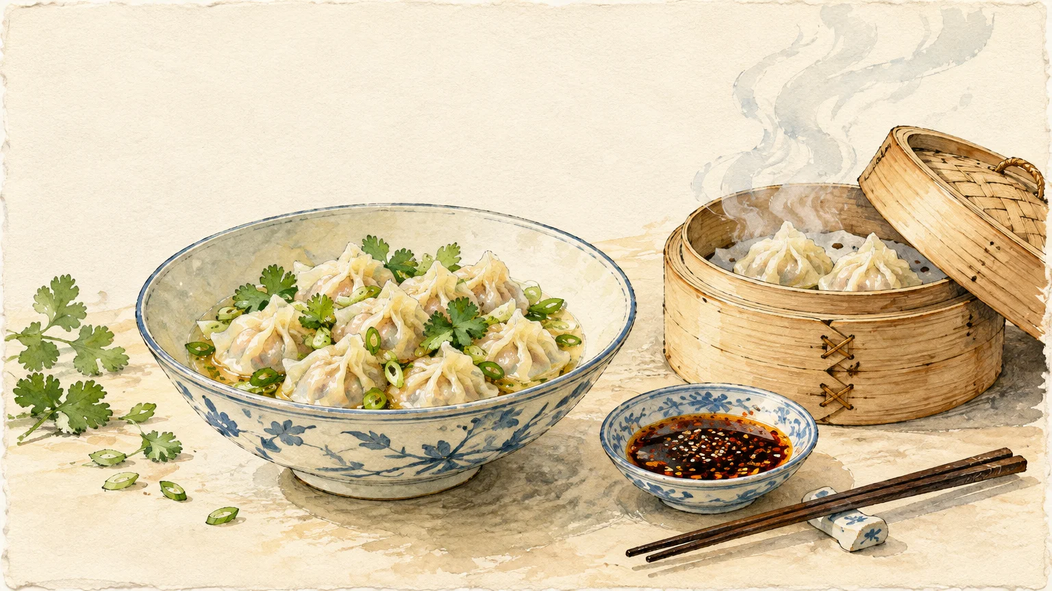 Watercolor illustration of dumplings in broth, steamed dumplings in a bamboo basket, chili sauce, and chopsticks.