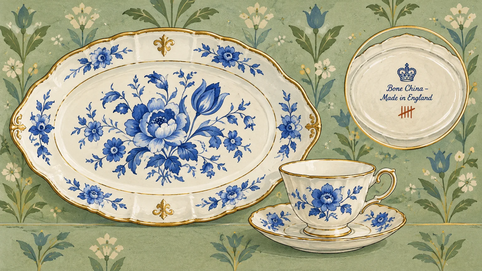 Illustrated blue and white floral ceramic platter and teacup beside an inset showing an English bone china backstamp.