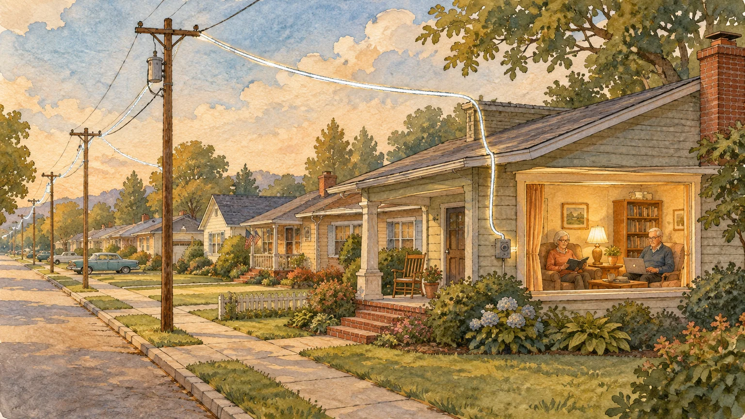 Watercolor illustration of a suburban house with a glowing wire connecting a utility pole to a senior couple inside.