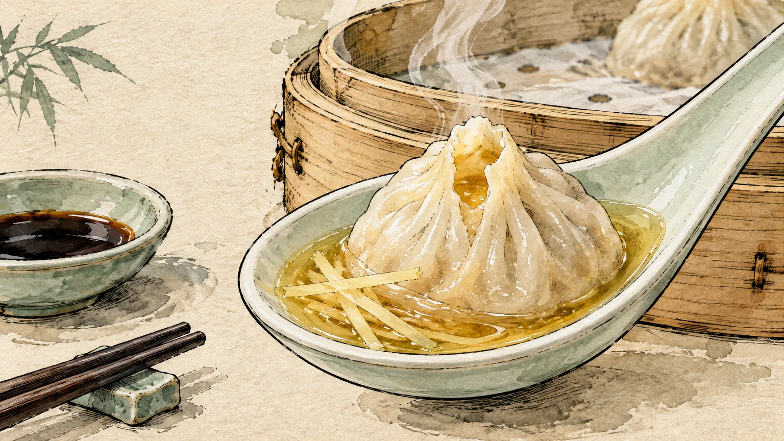 Watercolor illustration of a steaming soup dumpling in a ceramic spoon with ginger slices beside a bamboo steamer.