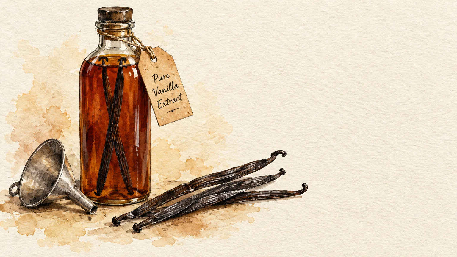 Watercolor illustration of a glass bottle of pure vanilla extract, vanilla beans, and a small metal funnel.