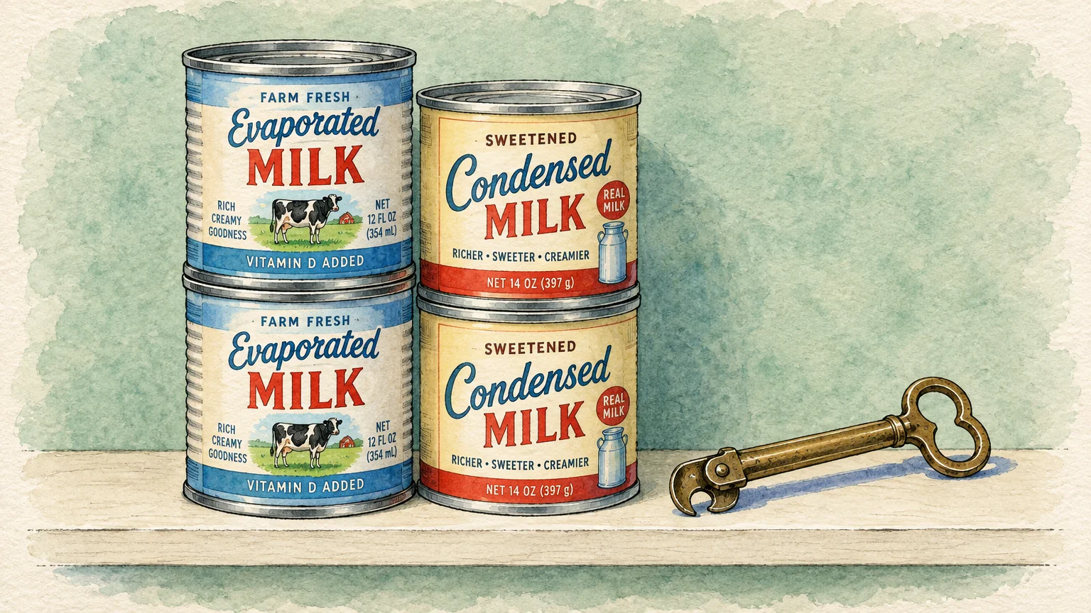 Stacked cans of evaporated milk and sweetened condensed milk beside an antique can opener on a wooden shelf.