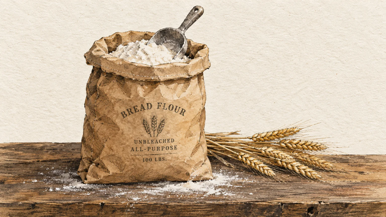 Illustration of an open paper sack of flour with a metal scoop on a rustic wooden table beside wheat stalks.
