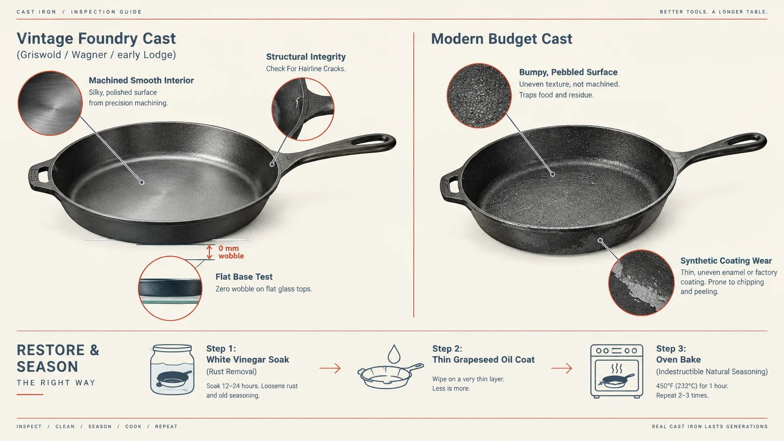 Infographic comparing vintage and modern cast-iron skillets with callouts and a three-step seasoning guide.