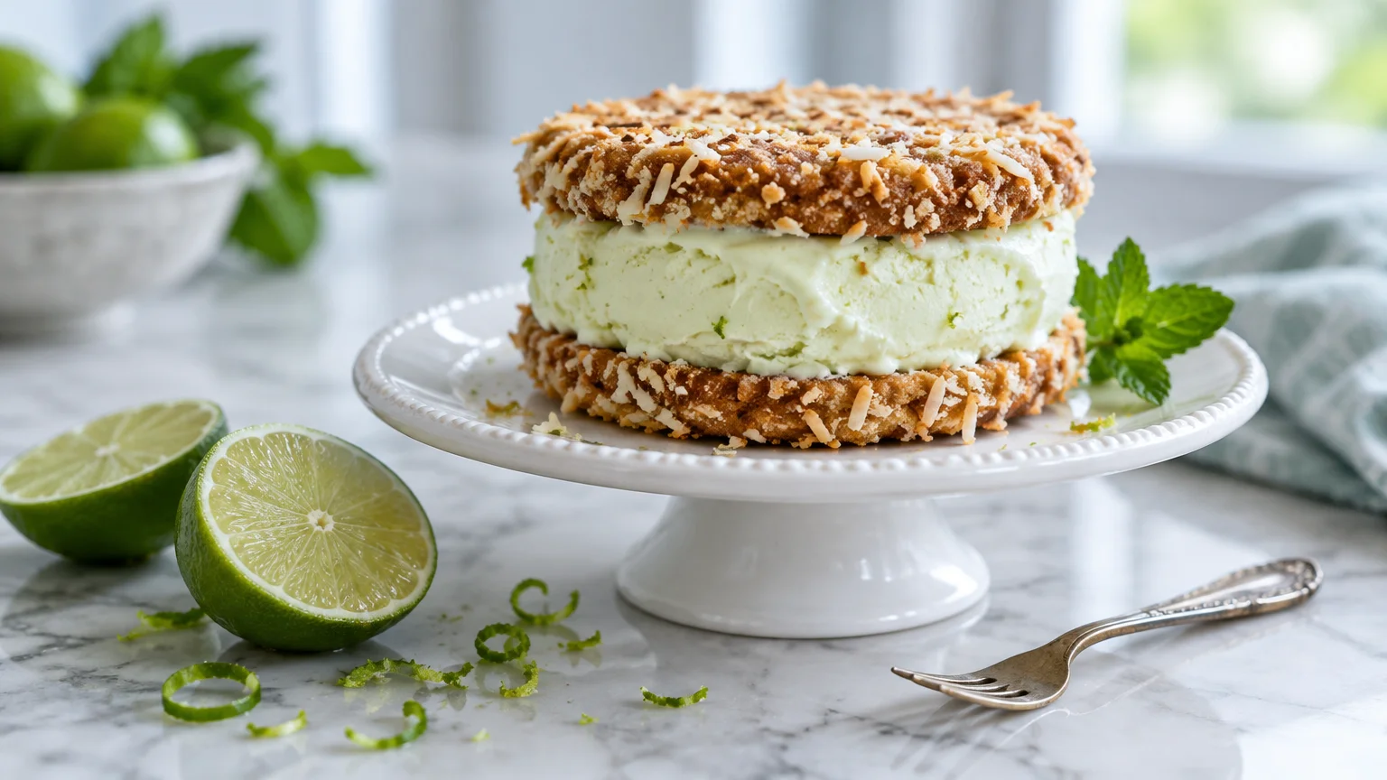 A key lime ice cream sandwich topped with toasted coconut on a white pedestal stand beside fresh cut limes.