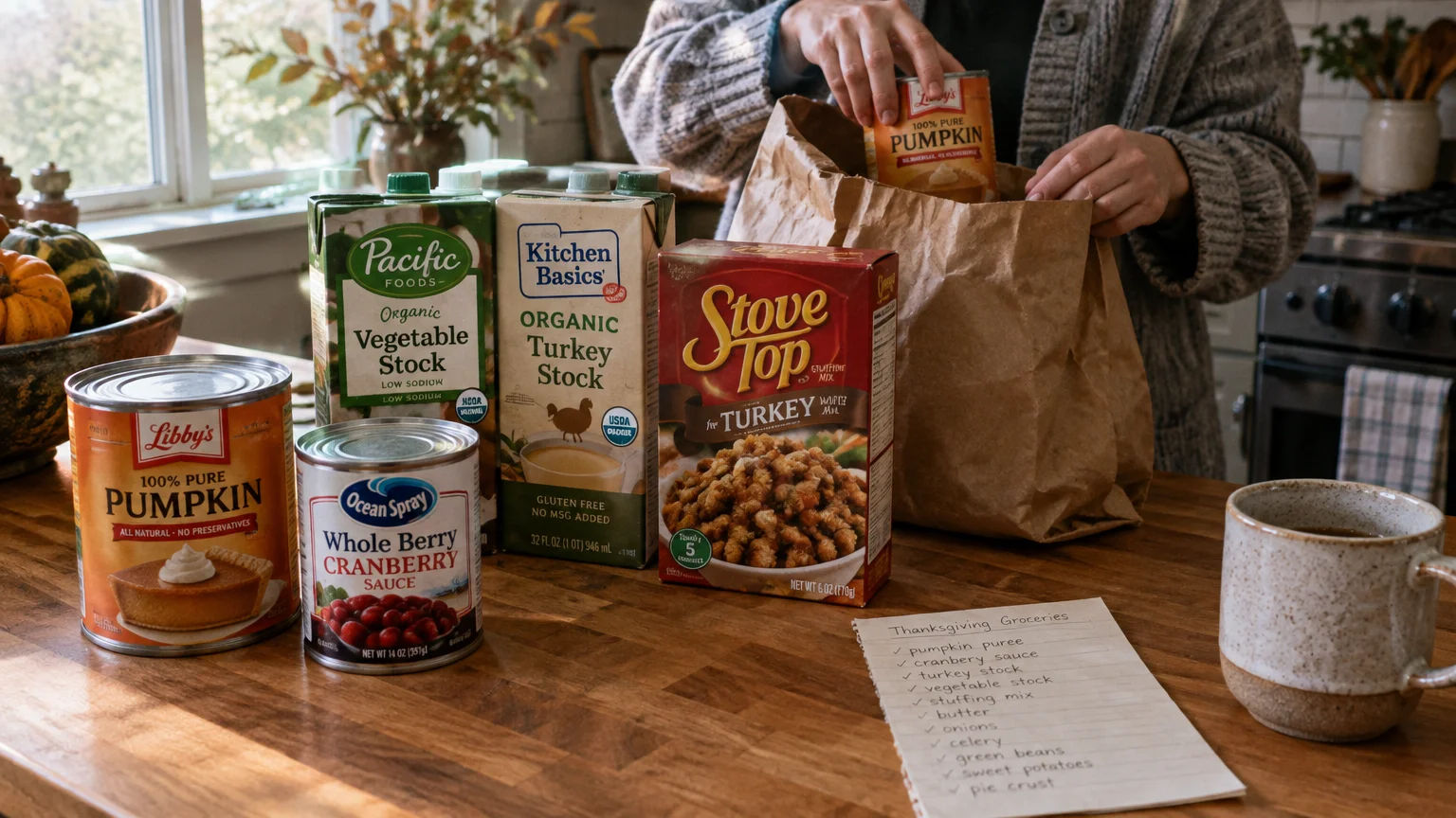 Person unpacking canned pumpkin, broth cartons, cranberry sauce, and stuffing mix from a paper grocery bag next to a list.