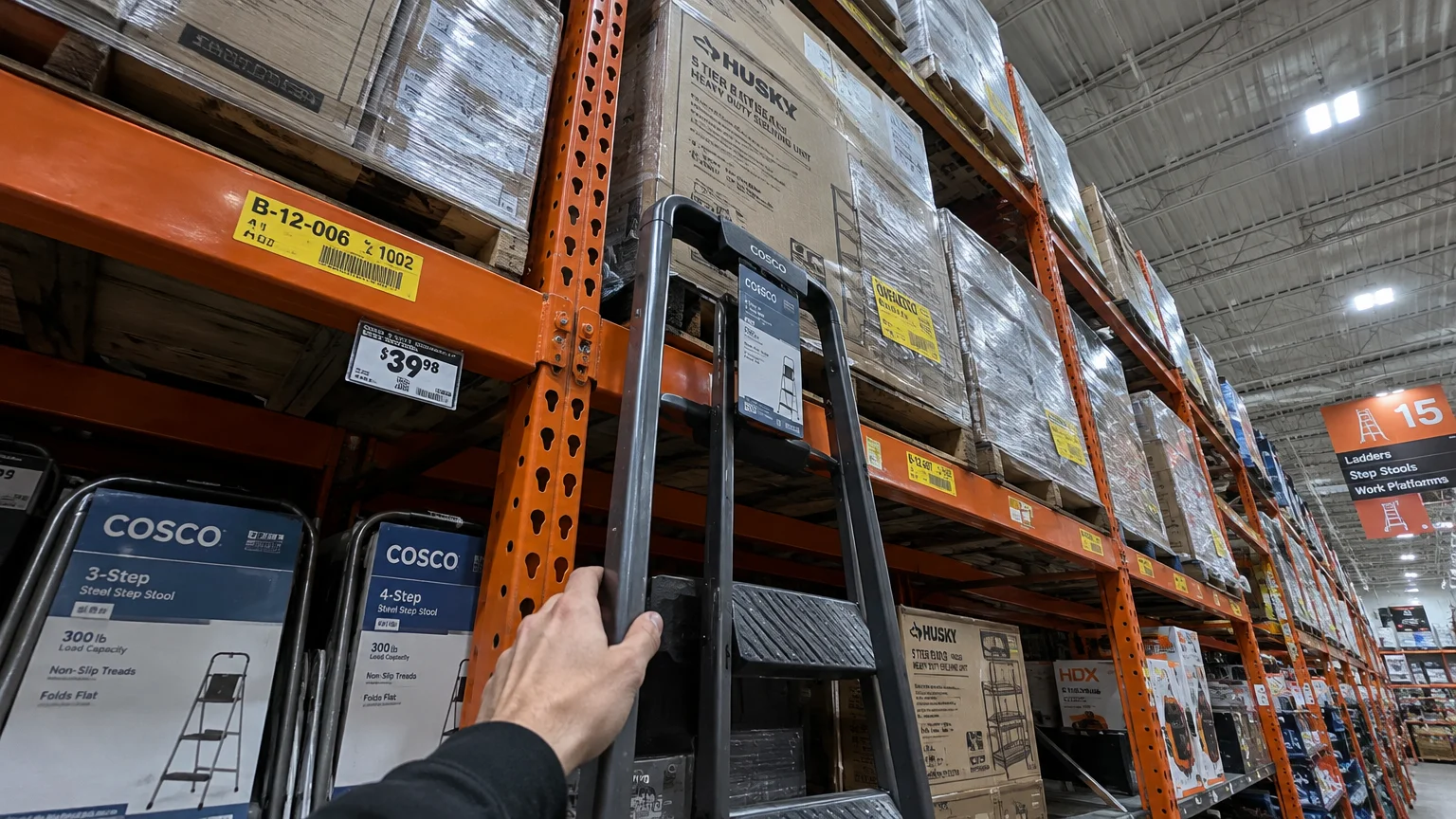 Hand holding a folding step stool in a hardware warehouse aisle lined with tall orange storage racks.