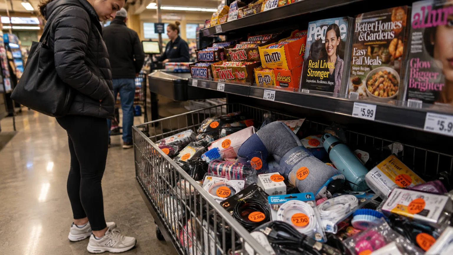 A shopper stands by a checkout aisle with a wire dump bin filled with discounted items below shelves of candy and magazines.