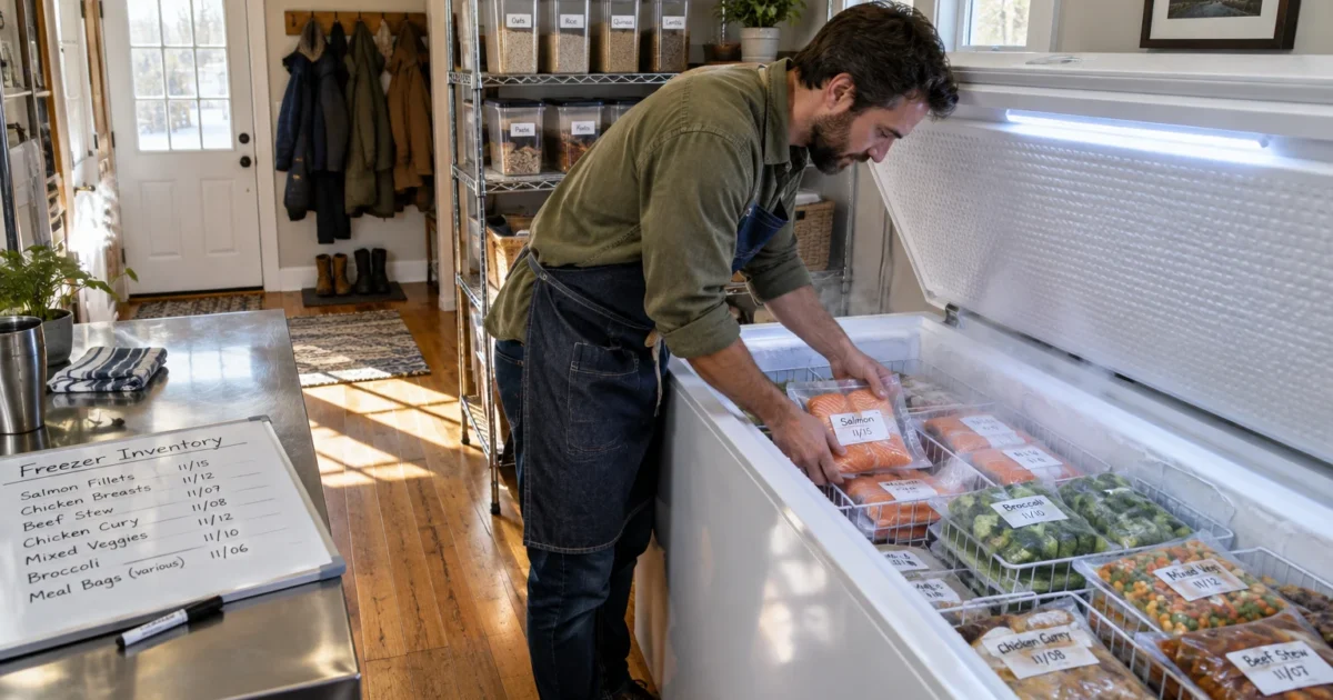 A bearded man in an apron organizing labeled frozen food packages inside an open white chest freezer.