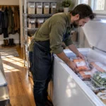 A bearded man in an apron organizing labeled frozen food packages inside an open white chest freezer.