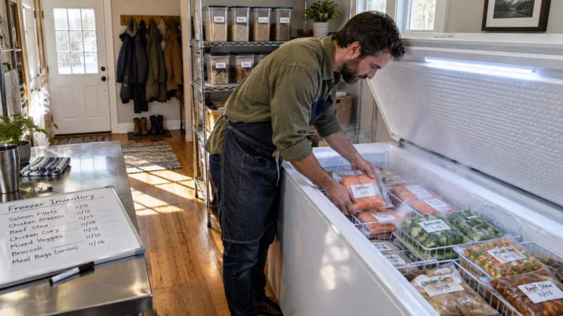 A bearded man in an apron organizing labeled frozen food packages inside an open white chest freezer.