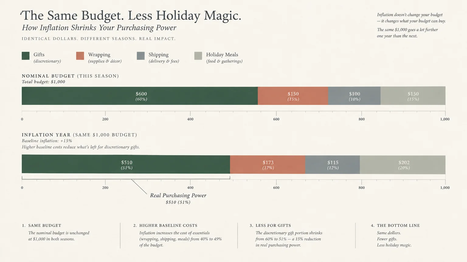 Horizontal bar chart comparing a $1,000 holiday budget against an inflation year, showing gifts shrinking from $600 to $510.