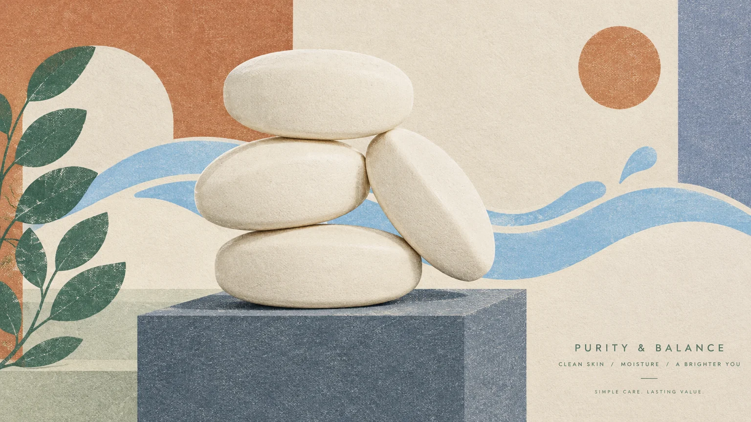 Stack of four smooth, rounded cream soap bars on a stone block against an abstract graphic background with waves and leaves.