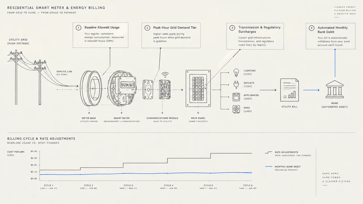 Diagram illustrating smart meter energy flow from the grid to home billing, alongside a step graph of rate adjustments.