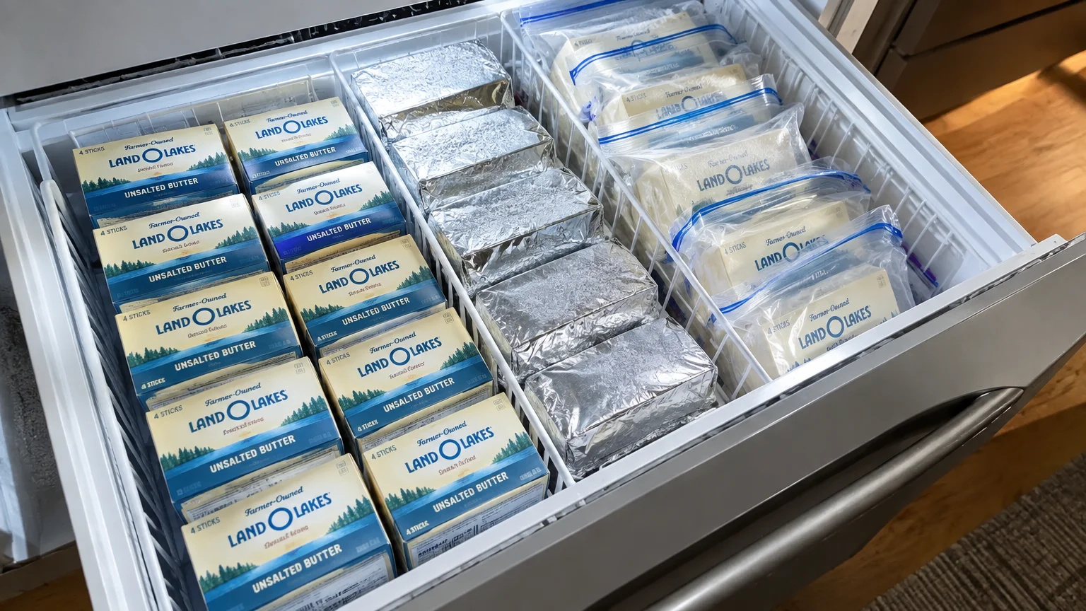 Freezer drawer filled with Land O Lakes unsalted butter boxes, foil-wrapped cartons, and packages in zip-top bags.