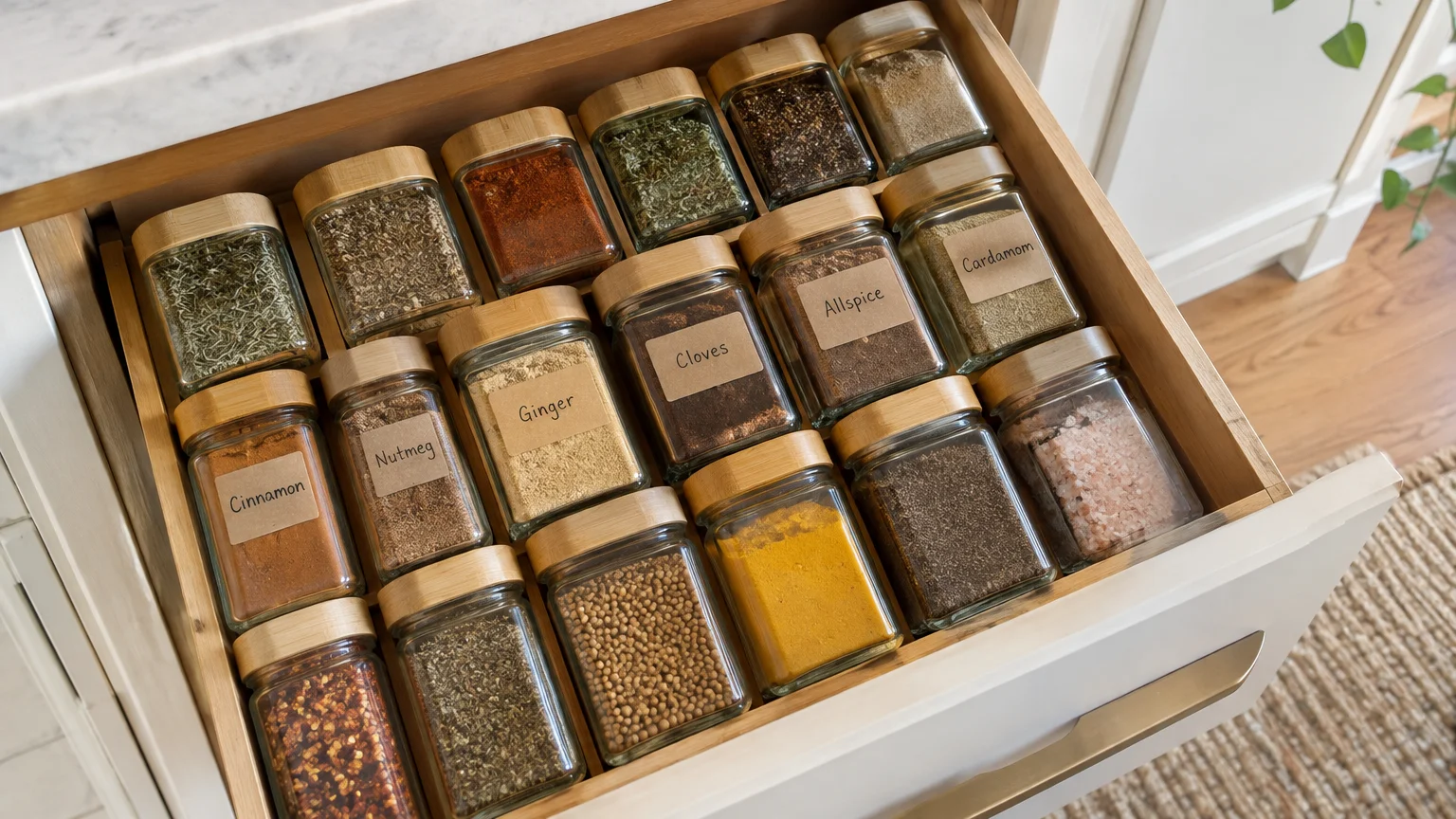 Neatly organized spice drawer holding glass jars with wooden lids and labels like cinnamon, nutmeg, ginger, and allspice.