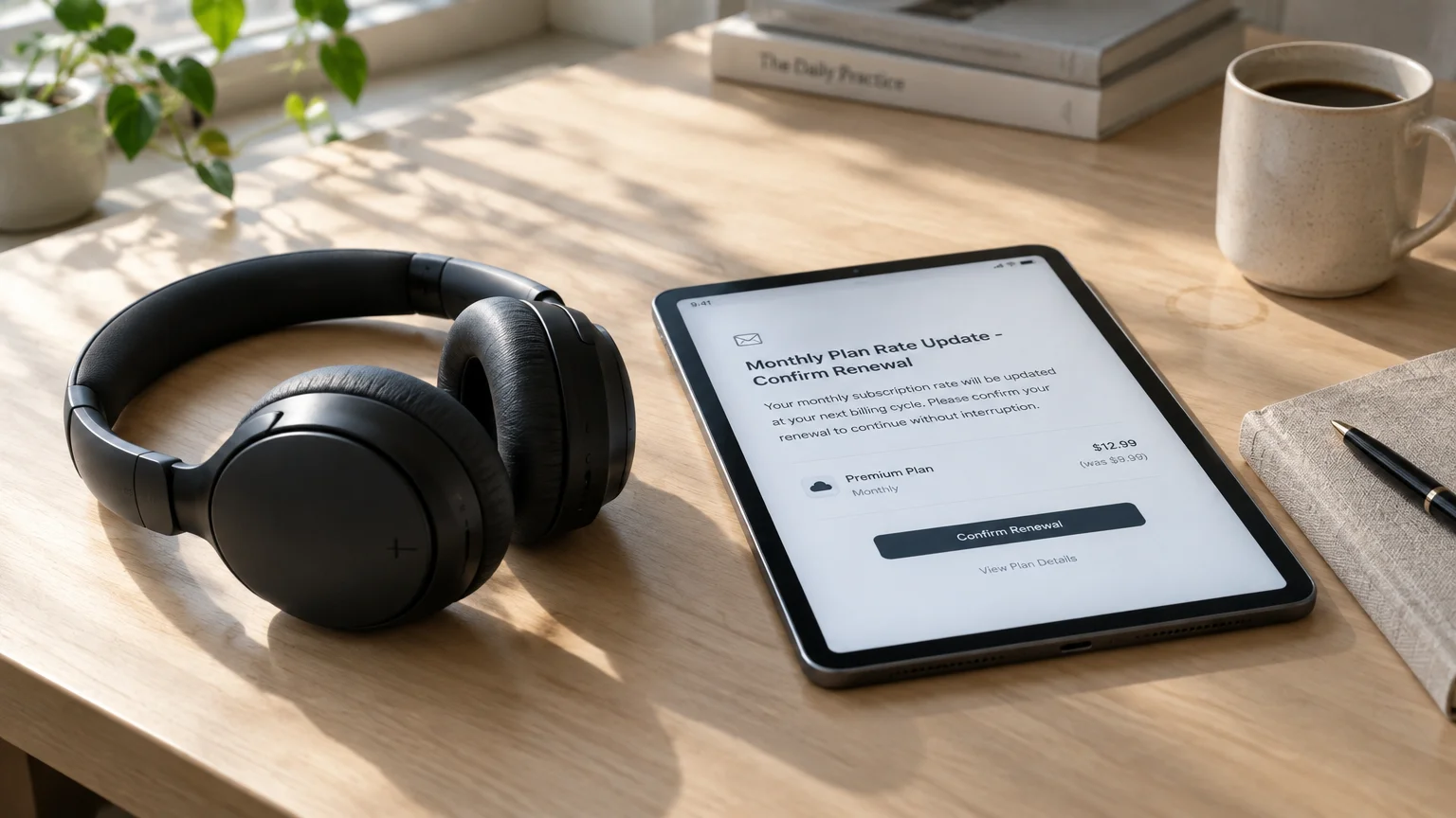 Black headphones and a tablet displaying a subscription rate increase notice beside a coffee mug on a wooden desk.