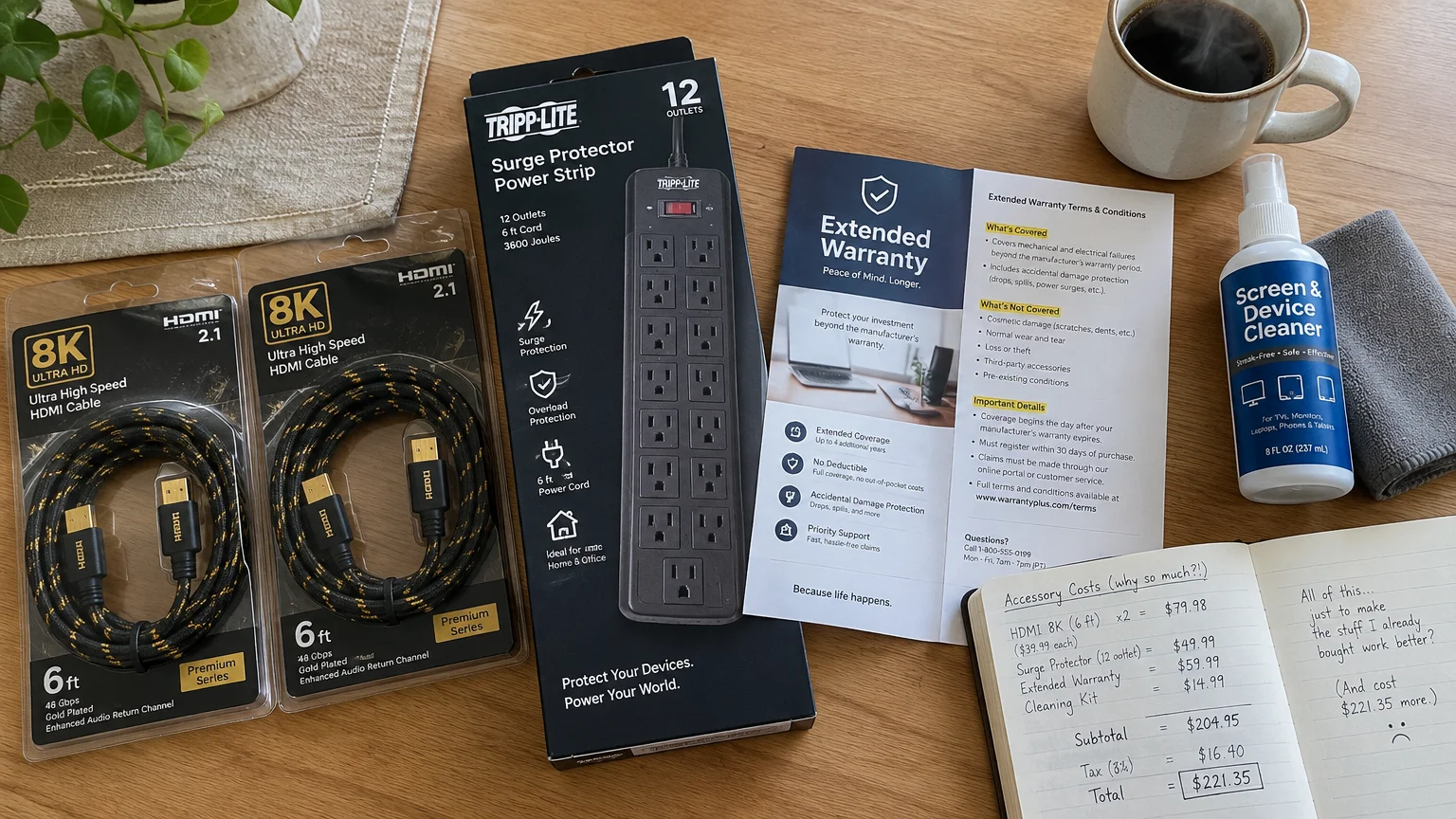 Packaged HDMI cables, a surge protector, an extended warranty pamphlet, screen cleaner, and handwritten notes on a desk.